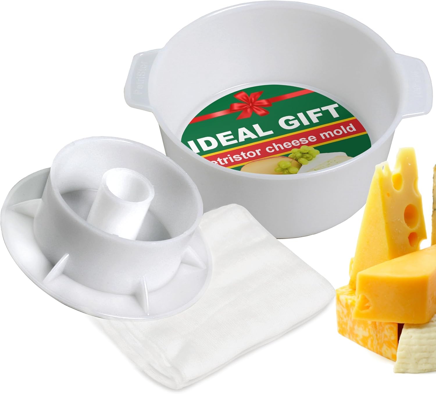 PetriStor Cheese Mold for Cheese Making Cheese with Follower Piston 1.3QT and Cheesecloth - Cheese Form Mold - Cheese Making Basket - Paneer Cheese Press Mold - Molde Para Queso