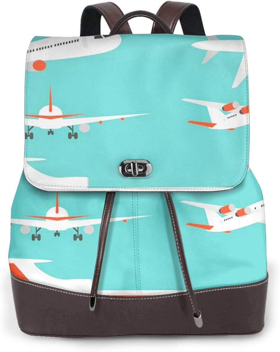 Women Leather Backpack Aeroplane Plane Airplane, Schoolbag Casual