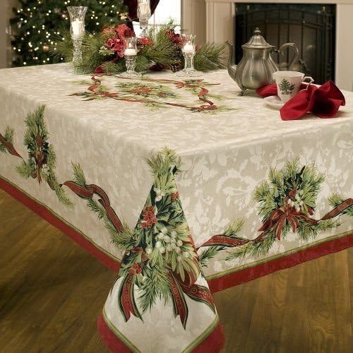 Benson Mills Christmas Ribbons Engineered Printed Fabric Tablecloth, 60-Inch