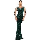 Women's Velvet Sequin Dress Long Sleeve Lace Floral Cocktail Party Evening Gown