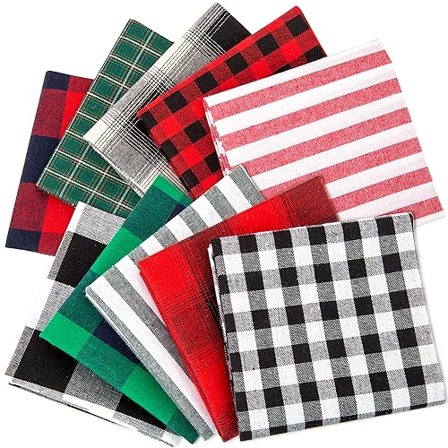 Caydo 10 Pcs Cotton Checkered Fabric Squares, 18 x 18 Inch Stripe Checked Cloth Quilting Fabric Scraps for Christmas DIY Crafting Sewing Patchwork