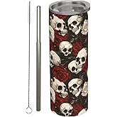 amepay Gothic Stainless Steel Insulated Tumbler with Lid - 20oz Goth Skull Red Rose Travel Mug, Reusable Metal Straw & Brush, Double-Wall Vacuum Bottle Cup for Hot Cold Drinks,Halloween Gifts
