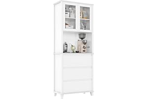 FACBOTALL 76'' Kitchen Pantry Storage Cabinet, Kitchen Buffet with Hutch, Tall Hutch Cabinet with Glass Doors, Coffee Countertop and 3 Large Drawers for Dining Living Room, White