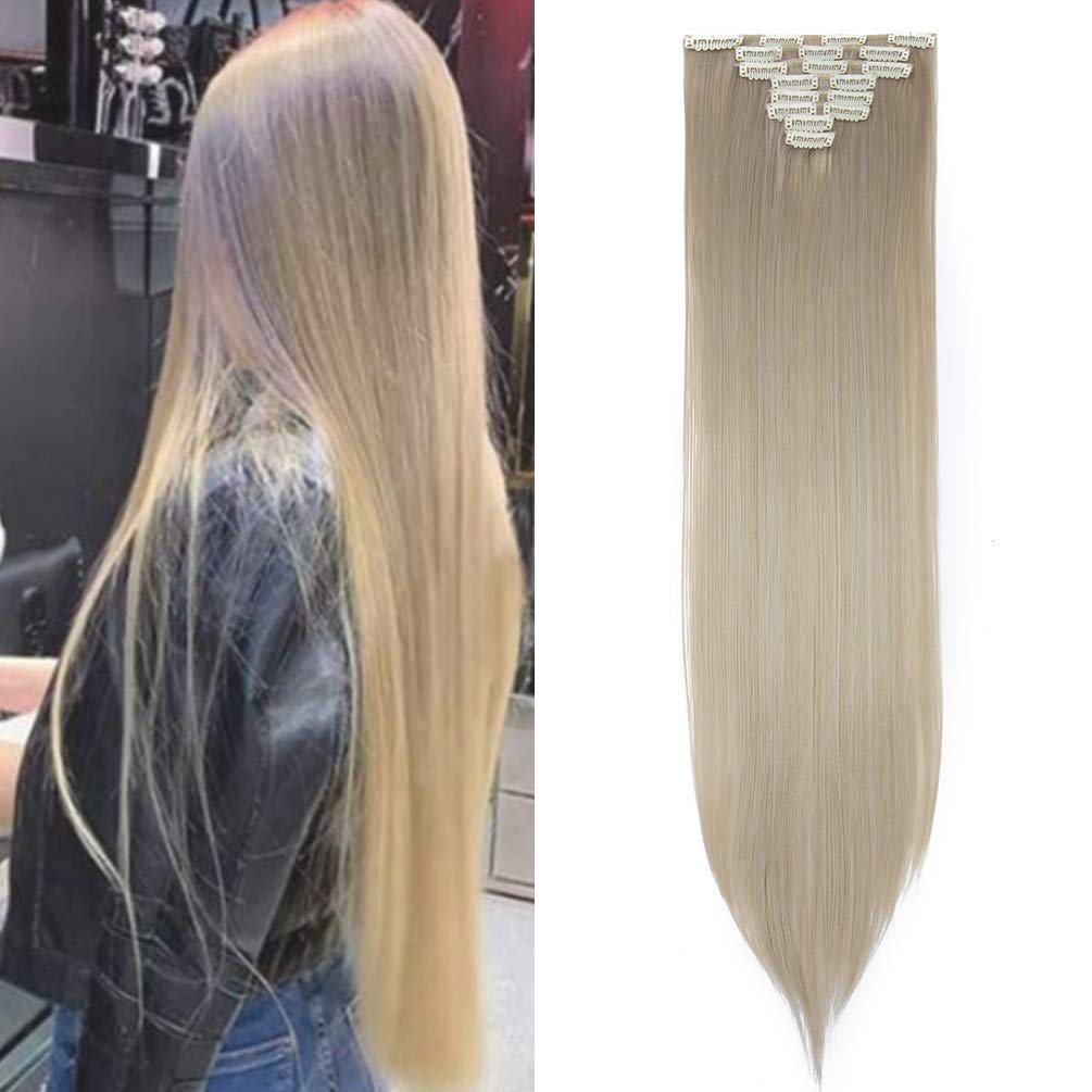 8pcs 26 Inch Clip in Hair Extensions Silky Straight Full Head Hair Pieces Ombre mix Synthetic Hair Extension Ash Blonde mix Silver Gray — image 1