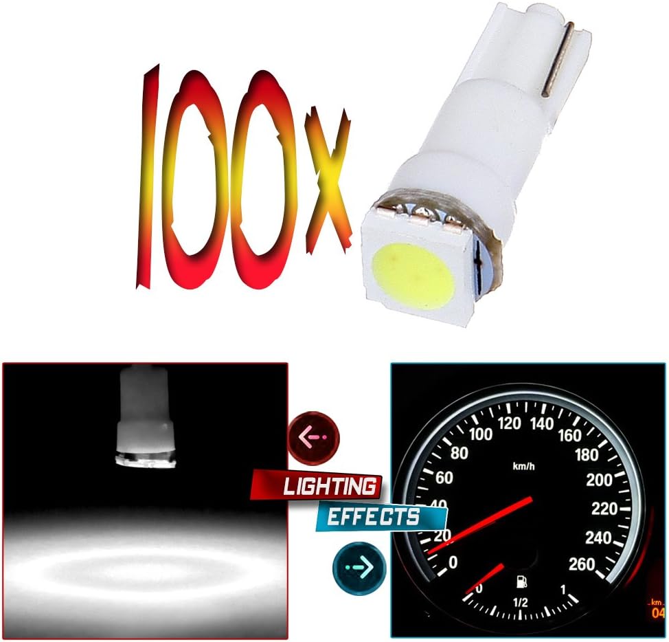 Frontl T5 LED Dash Light Bulbs 1-5050-SMD White 74 73 79 LED Bulbs Instrument Panel Gauge Cluster Indicator Lights,100Pack