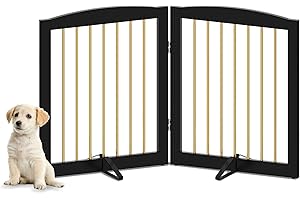 PUPETPO Freestanding Pet Gate for Dogs, Foldable Wooden Dog Gate for House, Indoor Dog Gate for Stairs, Doorways, Step Over Pet Puppy Safety Fence,Support Feet Included,24" Height 2 Panels, Black&Gold