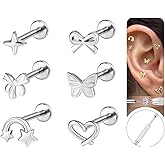 6ixGosh 18G/16G Tiny Stud Earring Bow Earrings for Women Internal Thread Nose Studs 316L Surgical Steel Cartilage Conch Tragus Helix Piercing Jewelry, 6PCS