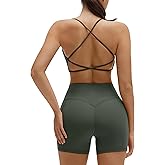 SUUKSESS Women 2 Piece Workout Sets Strappy Sports Bra High Waist Biker Shorts with Pockets