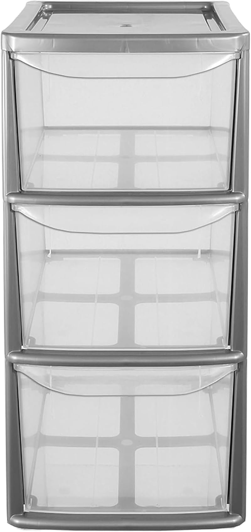 Pluto Packaging Medium Lightweight Silver Plastic Storage Tower with 3 Clear