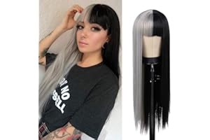 Kaneles Half Grey Half Black Wig for Women Long Straight Hair with Bangs Soft Natural Wigs for Cosplay Party Halloween