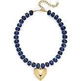 ENSKEFEN Gold Heart Pendant Necklaces for Women Colorful Acrylic Resin Beaded Choker Necklace Fashion Chunky Statement Beaded Heart Necklace