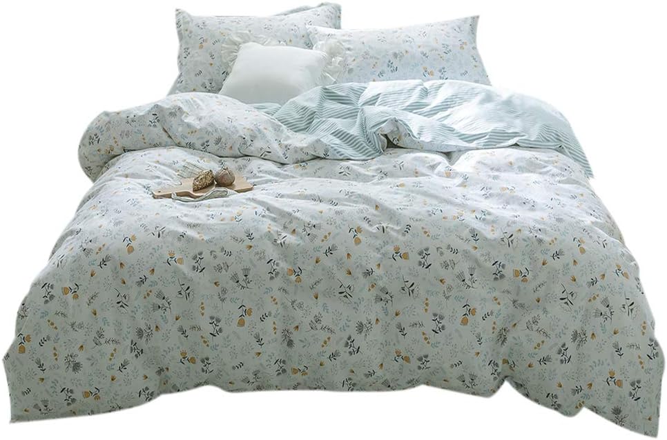 FenDie Floral Blue Duvet Cover, Lightweight Cotton Girls Bedding Set Queen, Botanical Tree Flowers Pattern Cute Duvet Cover Set for Bedroom Decor, Reverse Side Gray Plaid Style