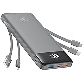 charmast 20000mAh Portable Charger with Built in Cables, 22.5W Travel Power Bank Fast Charging, USB C Cell Phone Battery Pack