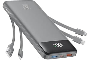 charmast 20000mAh Portable Charger with Built in Cables, 22.5W Travel Power Bank Fast Charging, USB C Cell Phone Battery Pack for iPhone 16/15/14/13/12/11 Series, iPad, Samsung, Android, Tablet