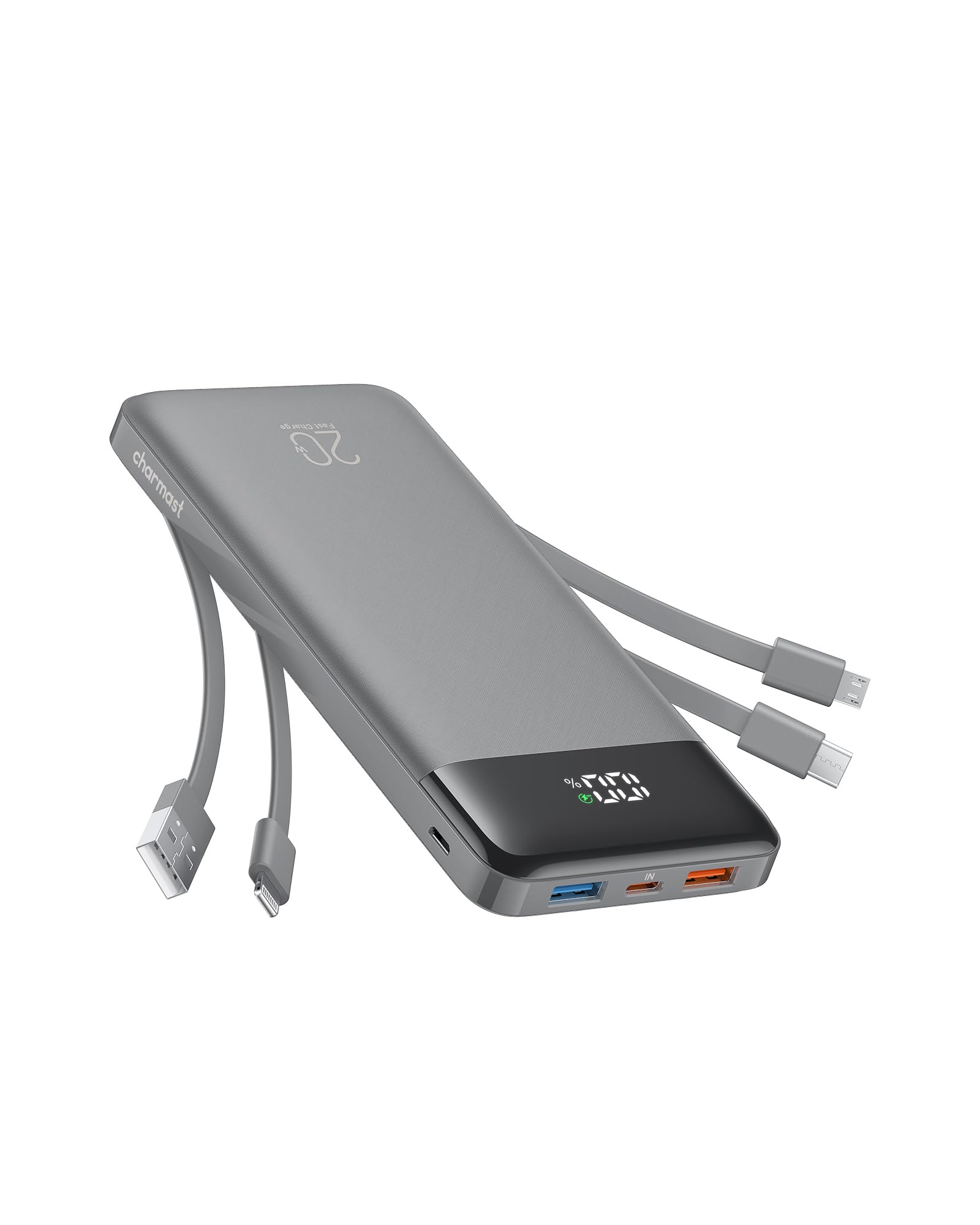 charmast 20000mAh Portable Charger with Built in Cables, 22.5W Travel Power Bank Fast Charging, USB C Cell Phone Battery Pack for iPhone 16/15/14/13/12/11 Series, iPad, Samsung, Android, Tablet