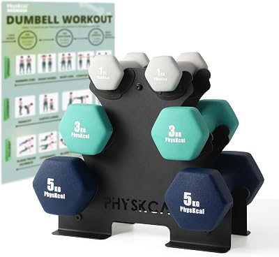 PhysKcal Dumbbells Set of 6 with Steel Rack 1kg 3kg 5kg Blue Neoprene