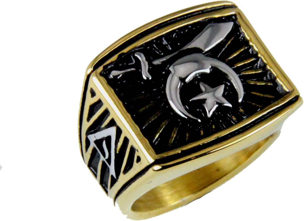 T65 Stainless Steel Shriner Ring 14 Degree Mason Shrine Noble Scimitar Moon & Star 14th Freemason