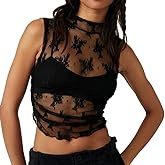 LOFAAC Women Floral Lace Sheer Mesh Crop Tank Top Mock Neck Sleeveless See Through Ruched Side Layering Crop Top Party