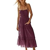 Wenrine Womens Summer Beach Dresses Backless Spaghetti Straps Self Tie Tiered Flowy Casual Maxi Dress with Pockets