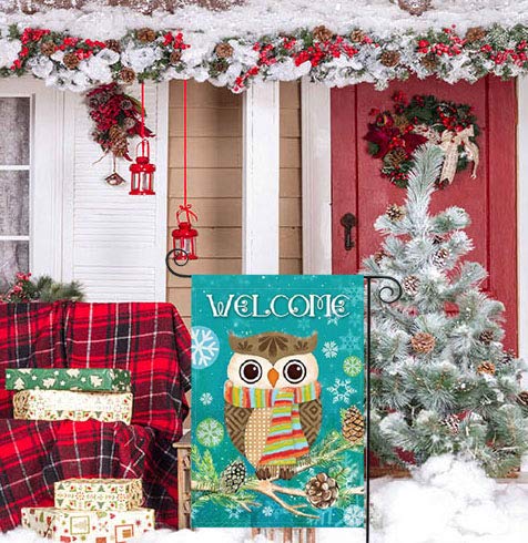 MC Cute Owl Winter Snowflake Garden Flags 12.5X 18 Inches Double Sided Polyester Pine Cone Winter Welcome Outdoor Banners Decorative Christmas Holiday Yard Flags Supplies