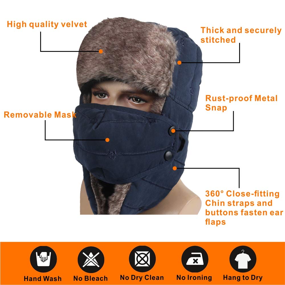 Winter Trapper Hat for Men Women Warm Ushanka Aviator Russian Windproof Hat with Mask,Blue