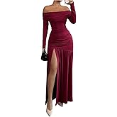SweatyRocks Women's Off The Shoulder Ruched High Slit Long Sleeve Bodycon Maxi Long Dress