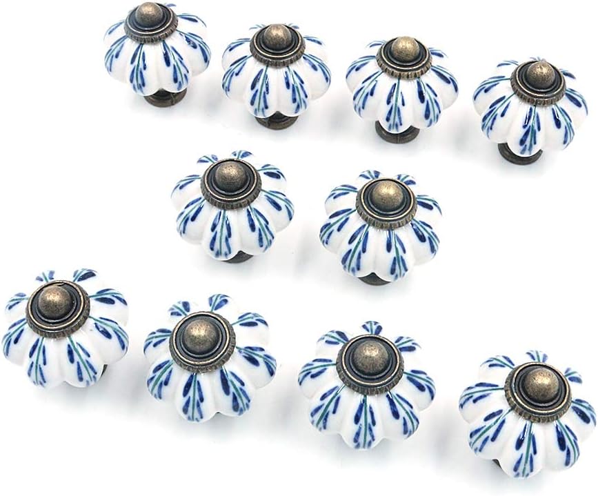 Namvo 10Pcs Light Blue Collection Ceramic Metal Door Knobs Vintage Shabby Chic Cupboard Drawer Pull Handles with 10 Screws (3.8 x 3.3 x 0.03 cm)