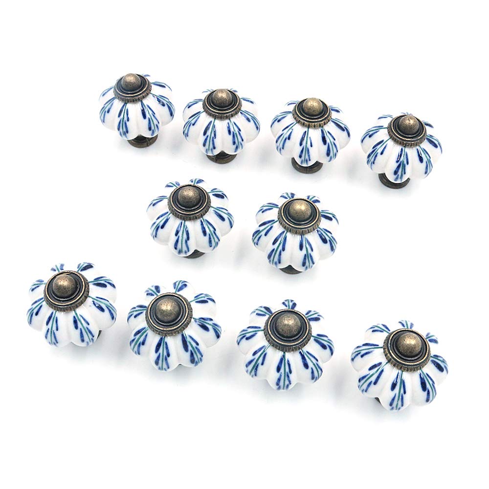 Namvo 10Pcs Light Blue Collection Ceramic ‎Metal Door Knobs Vintage Shabby Chic Cupboard Drawer Pull Handles with 10 Screws （3.8 x 3.3 x 0.03 cm）