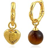 Wotforsh 14k Gold Plated Tiger Eye Heart Asymmetrical Brown Natural Stone Circle Dangle and Drop Simple Minimalist Vintage Earrings for Women