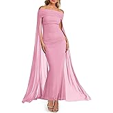 HESUUIO Elegant Off The Shoulder Dress Womens Formal Wedding Guest Cape Overlay Long Flowy Evening Party Dresses