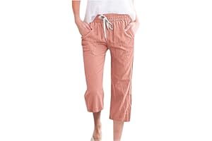 WODCEEKE Womens Linen Capri Pants Casual Summer Straight Leg Pants Cropped Drawstring Cotton Beach Trousers with Pockets