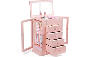 Emfogo Jewelry Box for Girls, Musical Jewelry Box with Spinning Dancer Gifts for Little Girls Christmas New Year Birthday Children's Day, 5 Layer Large Wooden Kids Music Jewelry Organizer Box(Pink)