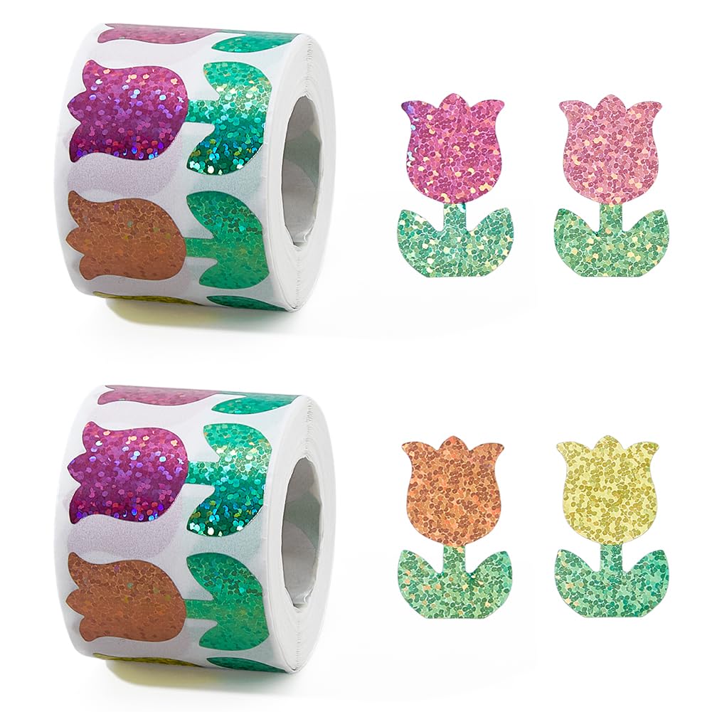SUPERFINDINGS 2 Rolls Flower Glitter Stickers Total 1000PCS Tulip Stickers Roll Reward Behavior Chart Label Colorful Flower Waterproof Sticker for Giftwrap Party Birthday Wedding Invitation Decor