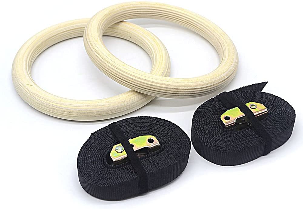 EVERGD 32mm Wooden Gymnastic Rings Adjustable Rings Hoops with Buckle Straps For Calisthenics CrossFit Strength Home Workout Muscle Training Pull Ups
