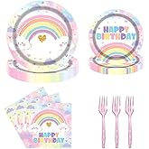 Tcoyodw Pastel Rainbow Birthday Party Tableware Set 96 Pcs Disposable Plates Napkins Forks Rainbow Cloud Theme Girls Happy Birthday Decorations for 24 Guests