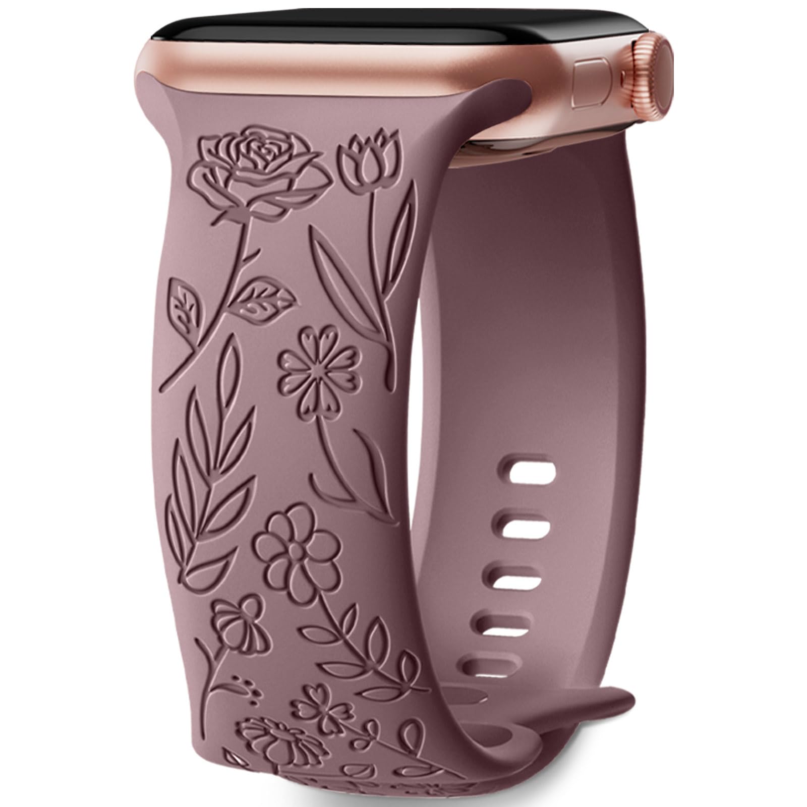 Mastten Engraved Floral Straps Compatible with Apple Watch Straps 38mm 40mm 41mm 42mm Women, Soft Silicone Elegant Rose Floral Band for iWatch SE 3 2 1 Series 11 10 9 8 7 6 5 4 3 2 1, SmokeViolet