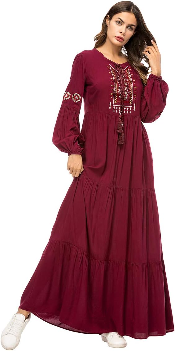 Acqrobe Women's Muslim Kaftan Dress Embroidery Maxi Dress