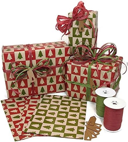 Kraft-Style Christmas Gift Wrap, Raffia Ribbon, and Kraft Gift Tags Kit