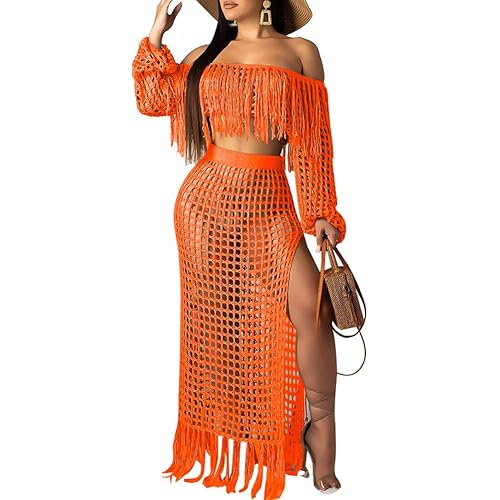 Ophestin Women Off Shoulder Long Sleeve See Through Lace Crop Top Tassel Split Two-Piece Maxi Long Skirts Dress Set