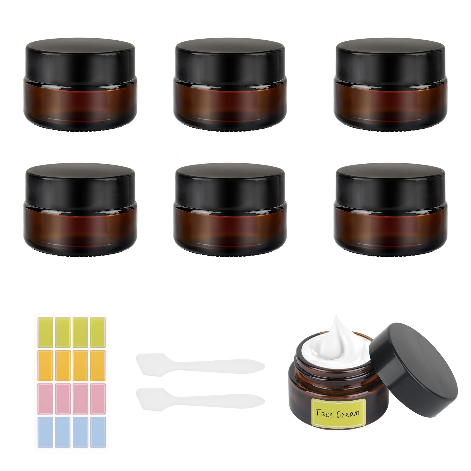 20ml Amber Glass Jars, 6 Pack Empty Cosmetic Jars with Lids,Travel Pots with Spatula and Labels for Toiletries, Cosmetics,Powder,Lotion,Creams