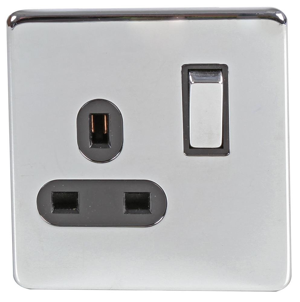 PRO ELEC 1-Gang Switched Socket, Polished Chrome, 13A, 240V – PELB1847