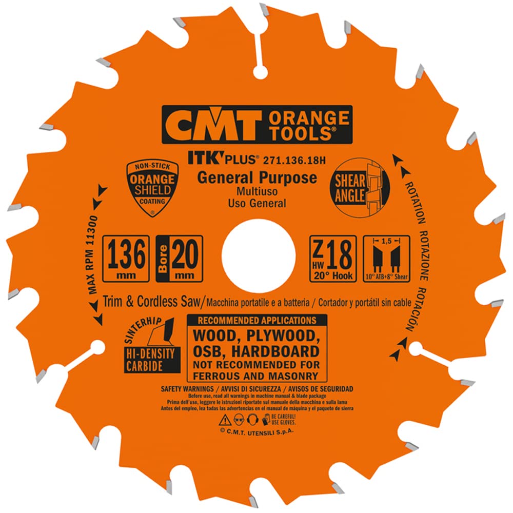 CMT Orange Tools 271.136.18h Ultra ITK) Circular Saw Blade 136 x 1.5 x 20 (18 teeth), orange