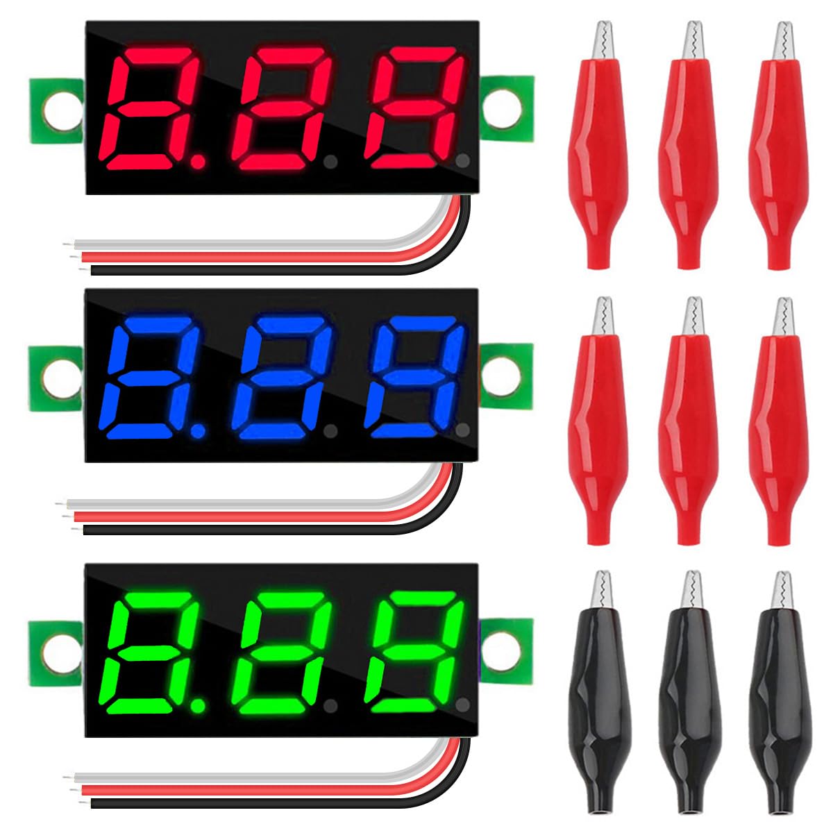 Youmile 3PCS DC 0-100V Mini Digital Voltmeter 0.36 Inch 3 Color Red Green Blue LED Display Three-Wire Voltage Tester with 9PCS Alligator clip