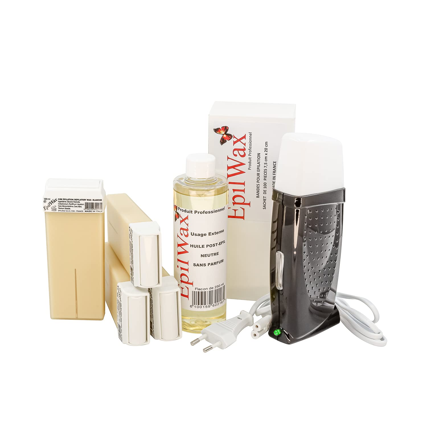 EpilWax Royal Complete Waxing Kit with: professional wax heater 4 Roll-On wax 100 ml Vanilla, 100 waxing strips, 1 bottle of 250 ml after waxing oil (Royal black Vanilla 4)