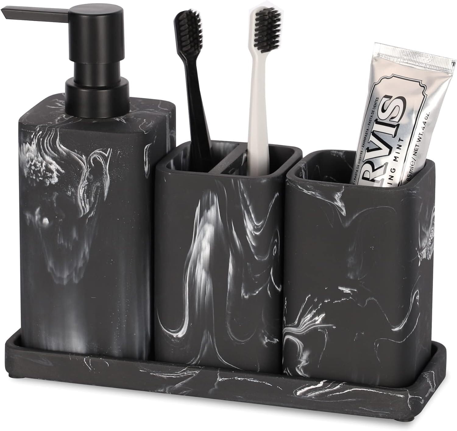 zccz Bathroom Accessory Set - 4 Piece Organiser with Toothbrush Holder, Soap Dispenser, Tumbler and Tray - Black Accessories