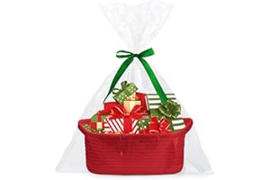 Poschnor Gift Basket with Gift Bags and Ribbons, Small Woven Rope Toy Storage Basket for Baby and Pet, 12"X 8" X 5", Red