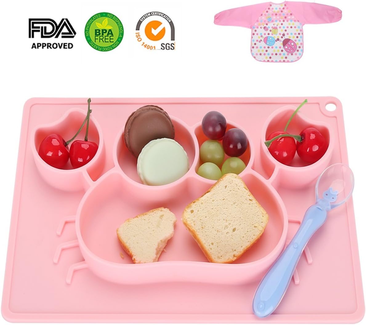 Silicone Placemat - Toddler Plate Divided 5 Compartments Portable Non Slip Suction Plates for Toddlers Babies and Kids BPA Free FDA Approved Baby Dinner Plate with Bonus 1pcs Waterproof Bib and Spoon