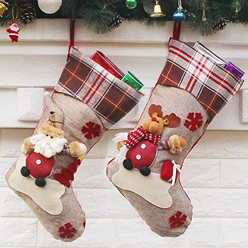 2 Pcs - 18" Personalized Christmas Stockings for Decoration, Plaid Old Man, Elk, Brown (Set of 2)