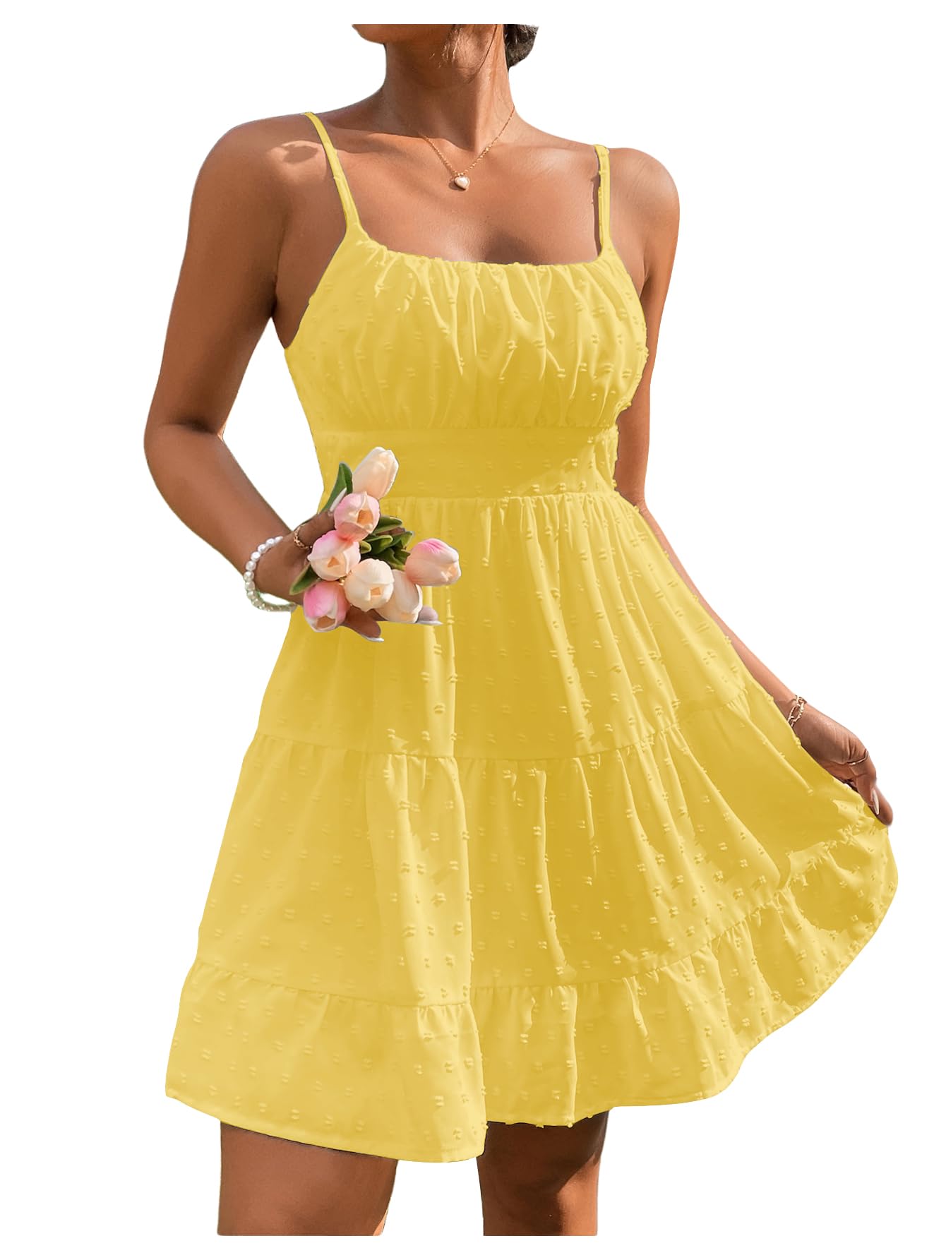 Photo 1 of Floerns Women's Swiss Dots Sleeveless Ruched Bust Ruffle Hem Cami Short Dress Yellow X-Large