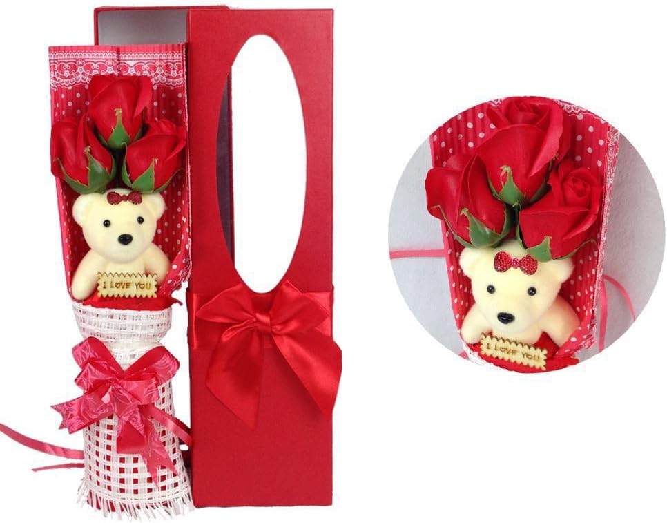 Romantic Rose Bouquet 3 Scented Soap Roses Gift Box With Cute Teddy Bear Mother’s Day Valentine’s (RED)